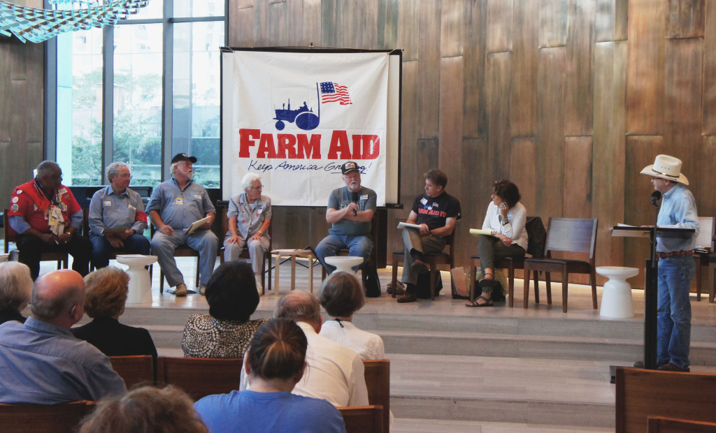 The first panel at the Farm Aid 30: Strength from Our Roots event included (left to right) Ralph Paige of the Federation of Southern Cooperatives; Paul Sobocinski of the Land Stewardship Project; Roger Allison of the Missouri Rural Crisis Center; Helen Waller of the National Save the Family Farm Coalition; David Senter of the American Agriculture Movement; Mark Ritchie, former Minnesota secretary of state; Carolyn Mugar, executive director of Farm Aid; and Jim Hightower, former Texas agriculture secretary.