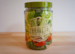 The clear and recyclable plastic jars used by Farmer's Fridge for its machine-vended salads show off the bright colors of their fresh ingredients.