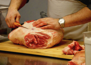 A master's hands: Leading Chicago butcher Rob Levitt preparing a ham for curing at his Good Food Festival workshop.